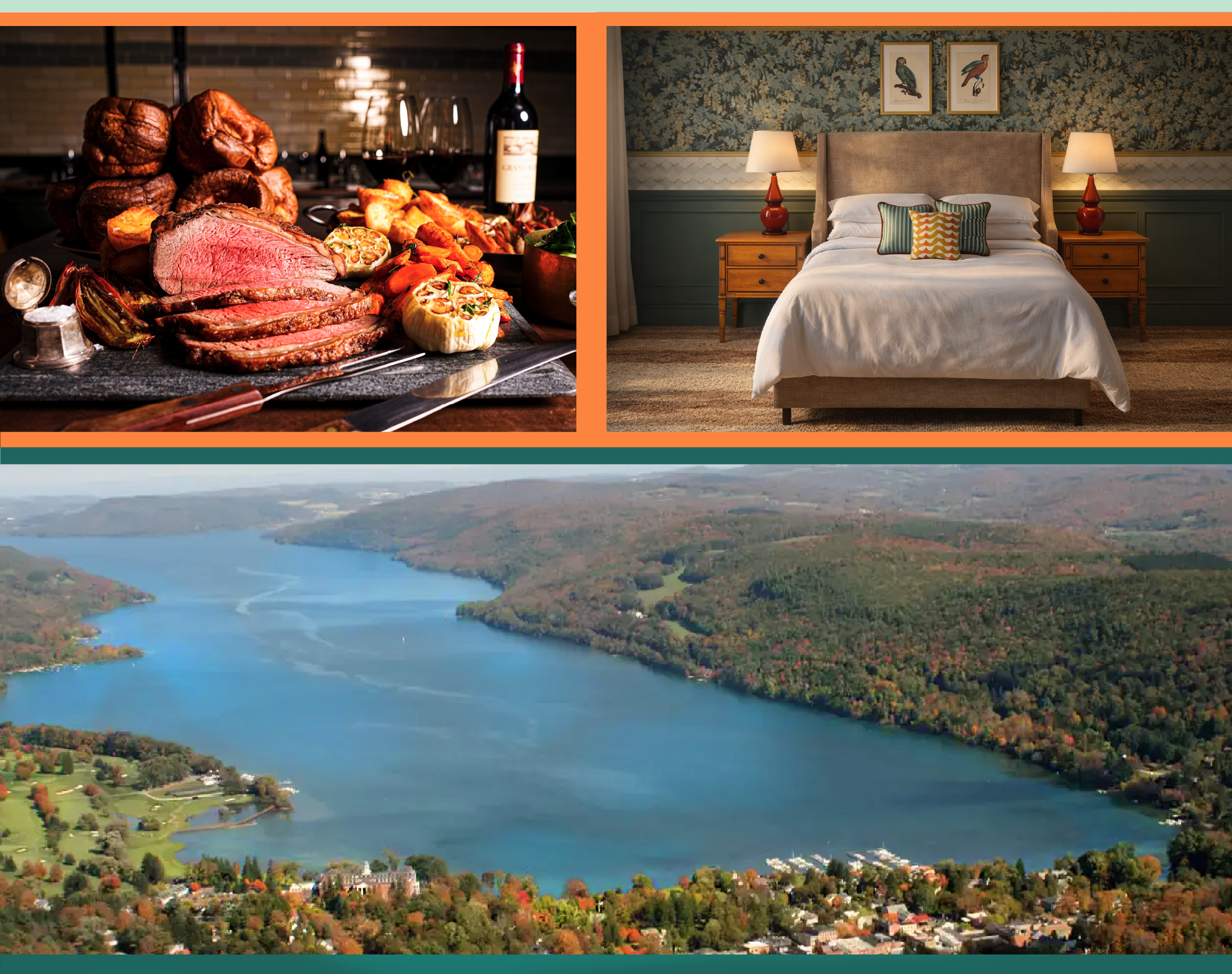 Top left: Sliced ham with vegetables, top right: Bedroom with bed and nightstands, bottom: Lake surrounded by trees and buildings.